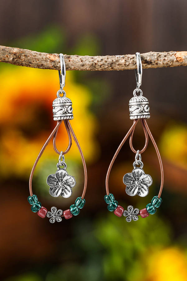 Silvery Western Leather Beaded Floral Dangle Earrings