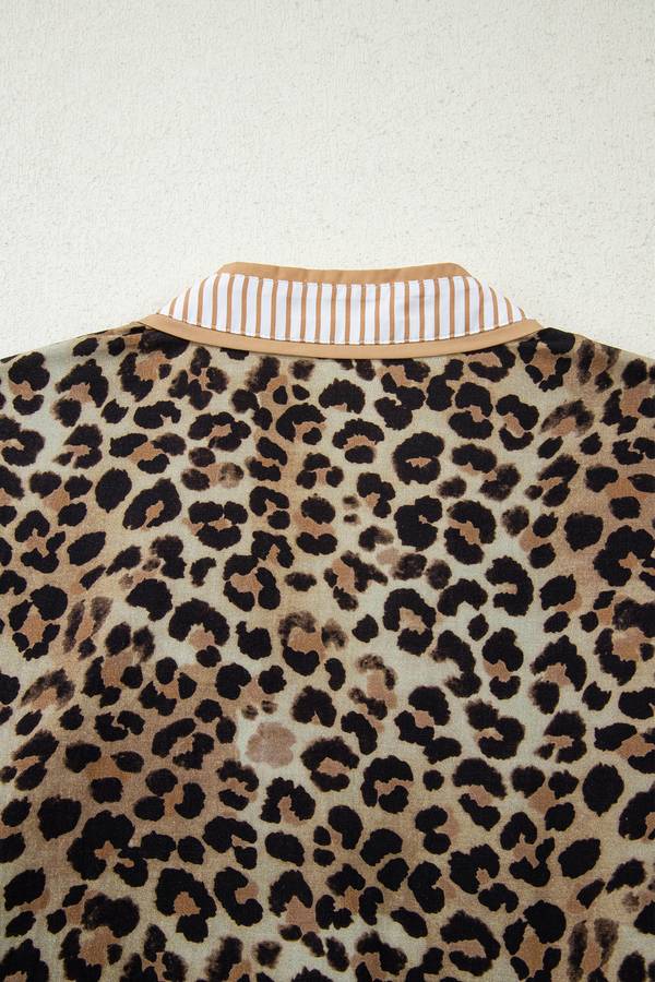 Khaki Contrast Striped Trim V Neck Leopard Shirt
