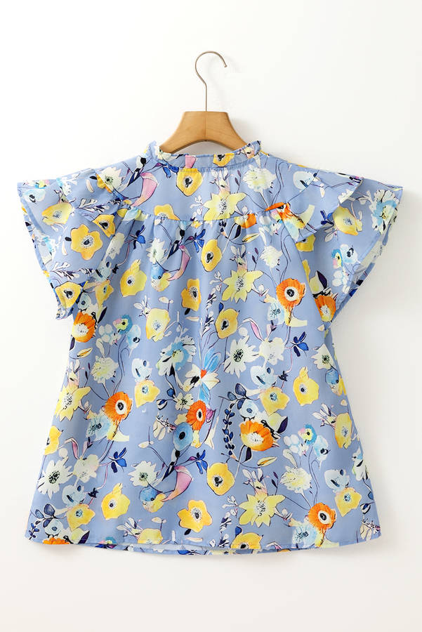 Sky Blue Flutter Sleeve V Neck Floral Top