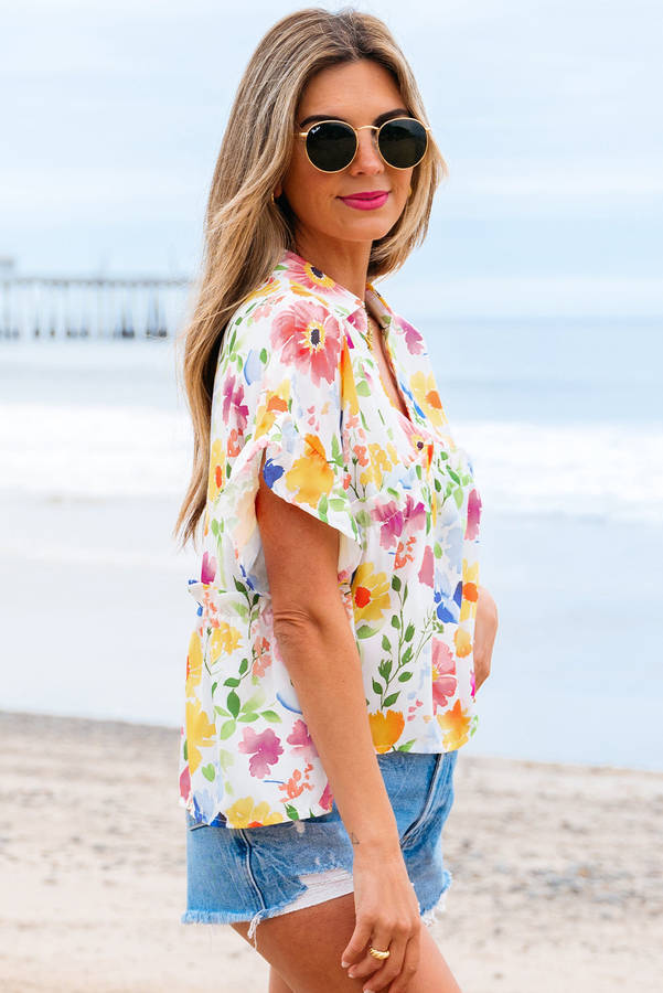 Yellow Floral Boxy Fit Ruffled Short Sleeve V Neck Blouse