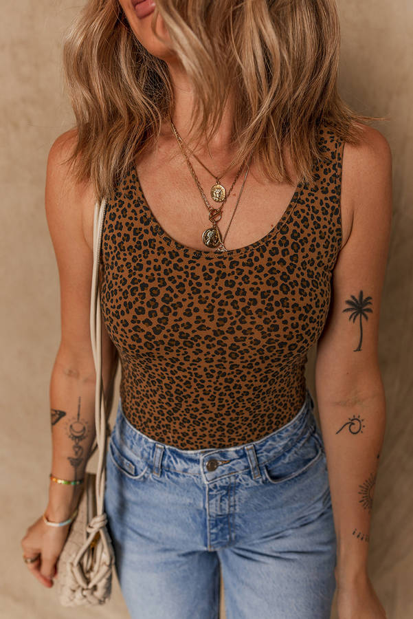 Brown Leopard Printed Sleeveless Scoop Neck Bodysuit