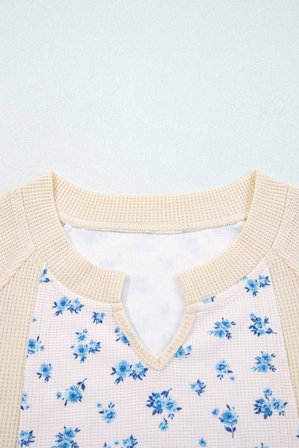 Beige Waffle Knit Floral Color Block Patchwork Balloon Sleeves Oversized Top