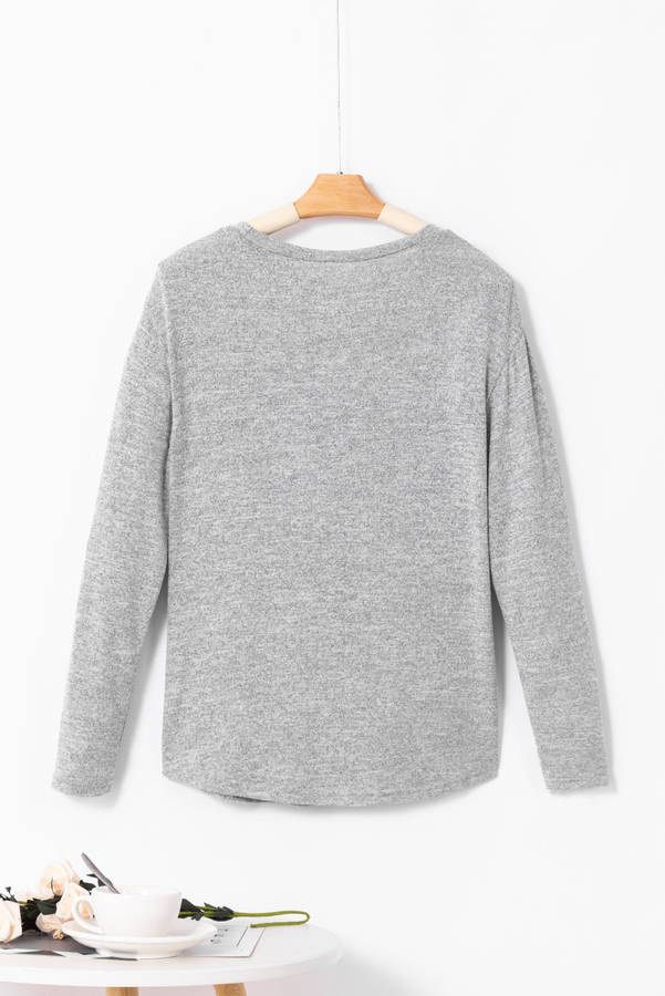 Gray Side Buttons Crew Neck Knit Top