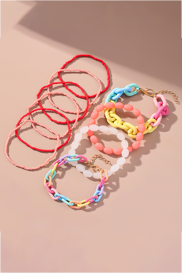 Pink Colorful Beaded Chain Link Layered Bracelet Set