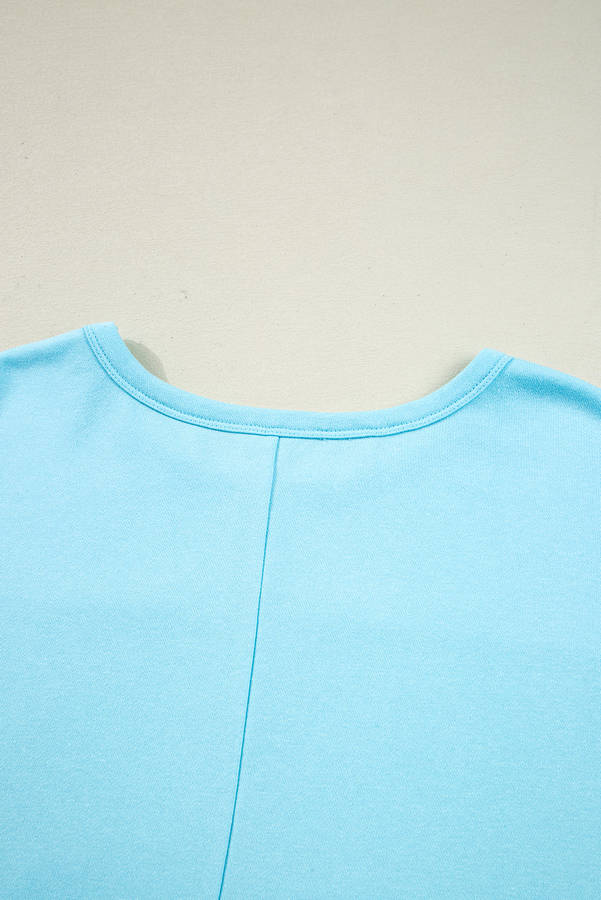 Aruba Blue Plus Size Solid Color Splicing Raw Hem Pullover Top Shorts Set