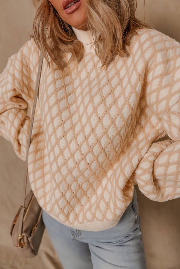 Smoke Gray Rhombus Textured Knit Mock Neck Sweater