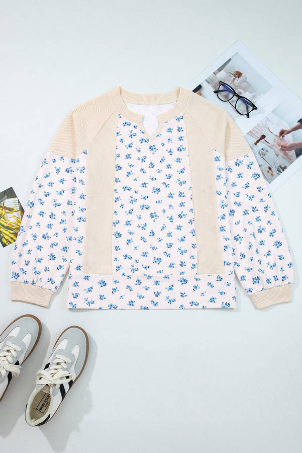 Beige Waffle Knit Floral Color Block Patchwork Balloon Sleeves Oversized Top
