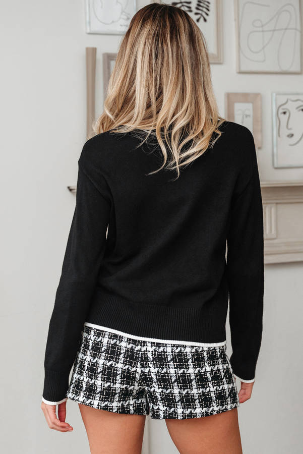 Black Contrast Trim Big Bow Accent Holiday Cropped Sweater
