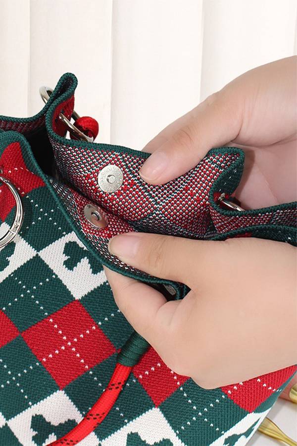 Fiery Red Retro Argyle Bow Printed Fashion Knit Bucket Bag