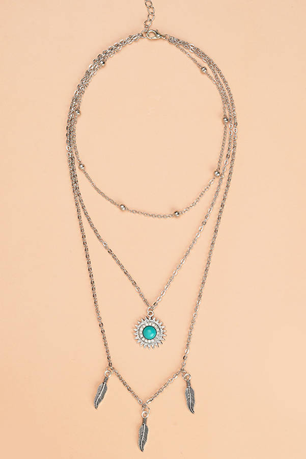 Silvery Boho Turquoise Sun Leaves Multi Layered Necklace