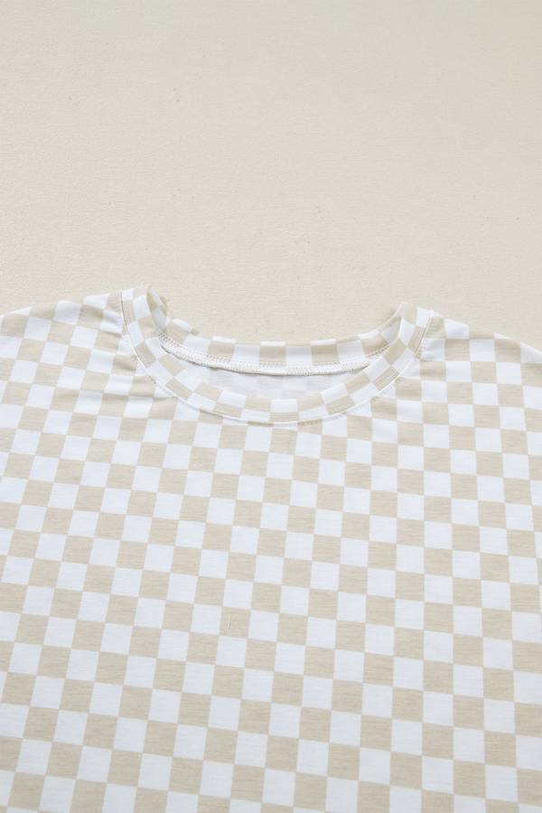 Khaki Checkered Print Half Sleeve Tee 2pcs Lounge Pant Set