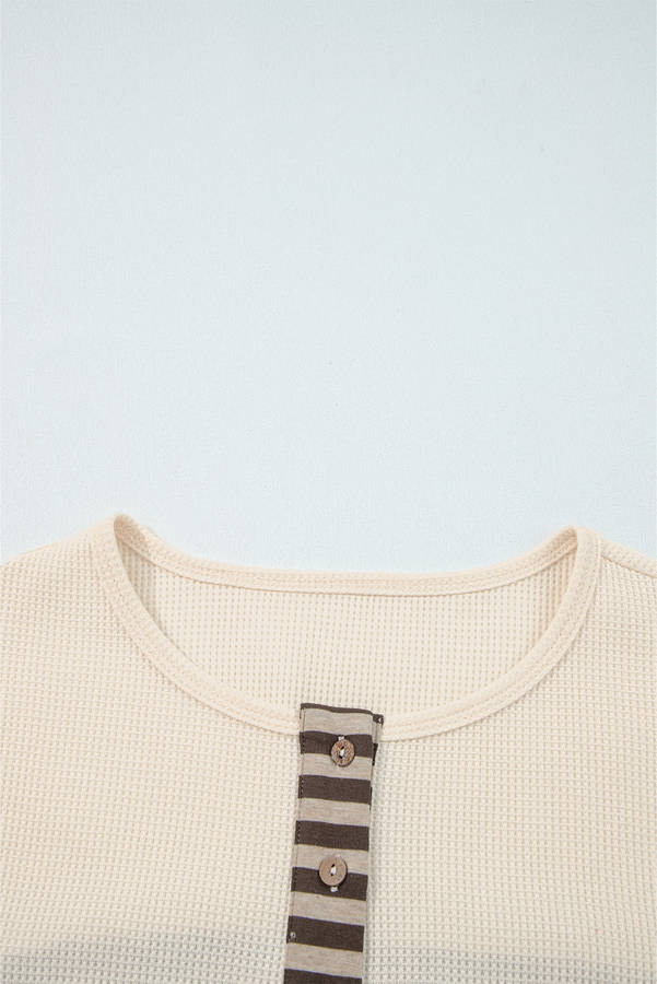 Beige Waffle Stripe Plaid Patchwork Henley Knit Top