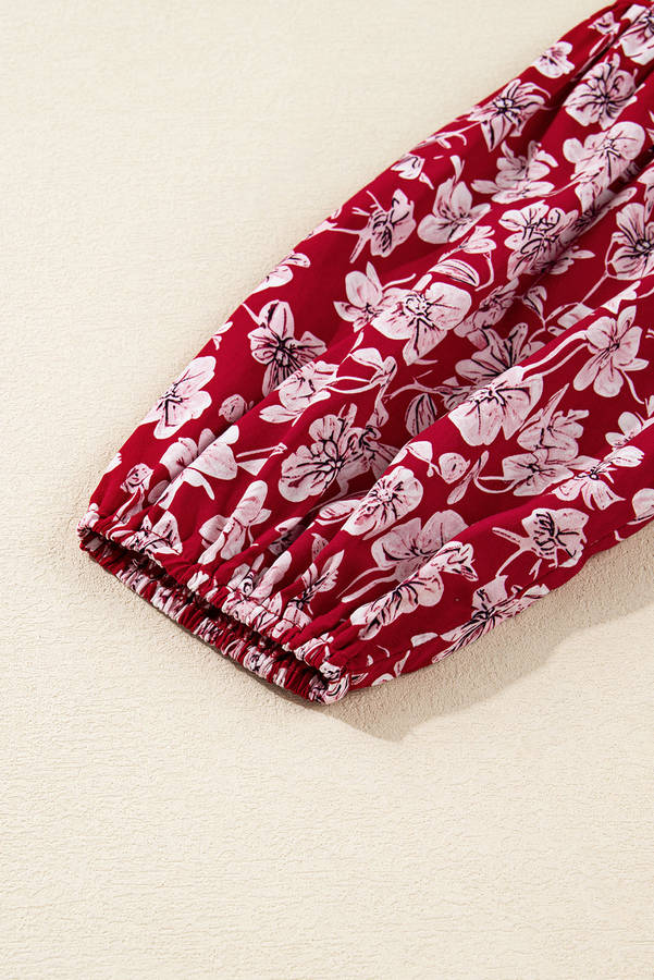 Purple Plus Floral Balloon Sleeve V Neck Relaxed Dress