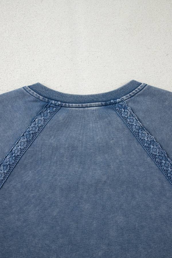 Sail Blue Lace Patchwork Detail Notched Neck Mineral Wash Baggy Sweatshirt