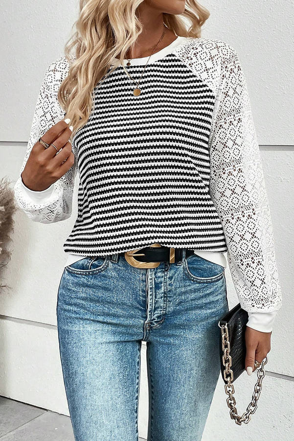 Black Stripe Textured Knit Contrast Hollowed Lace Patchwork Long Sleeve Top