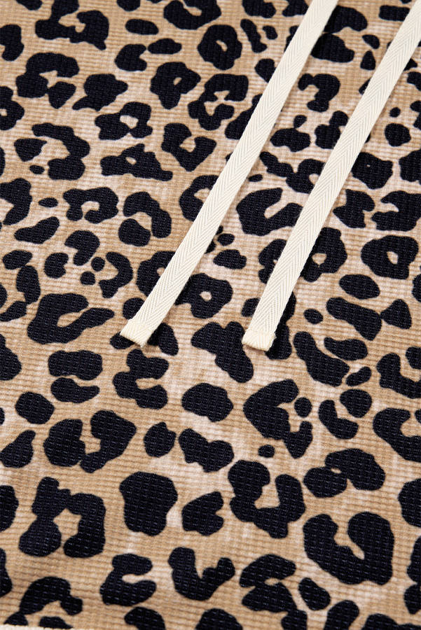Leopard Print Waffle Contrast Kangaroo Pocket Hooded Sweatshirt