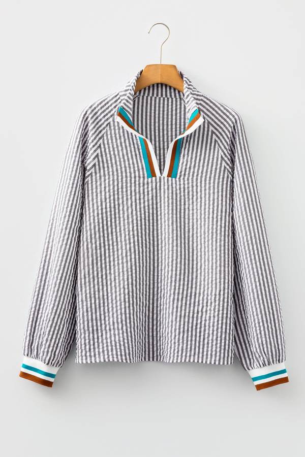 Dark Grey Striped Print Contrast Patchwork Detail Split Neck Blouse