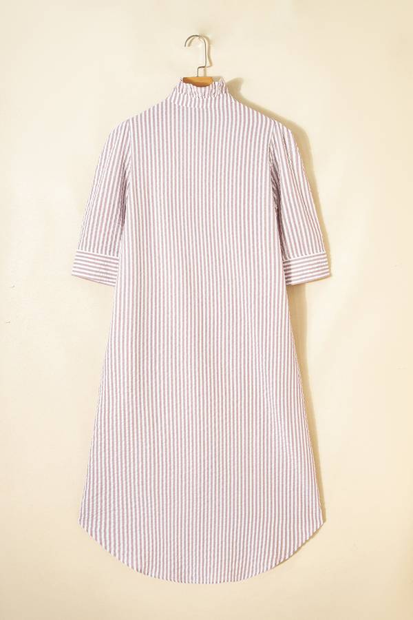 Khaki Stripe Frilled Collar Half Sleeve Shirt Maxi Dress