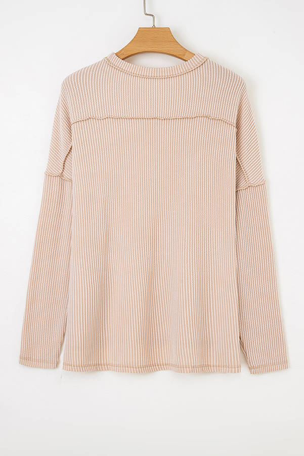 Parchment Twist Ribbed Exposed Seam Detail Long Sleeve Loose Top