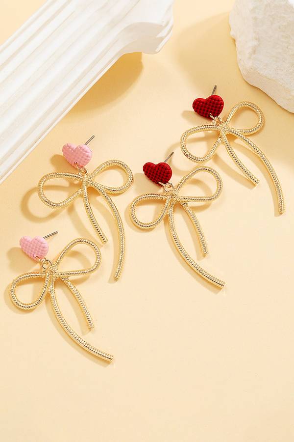 Pink Waffled Heart Stud Gold Plated Bow Dangle Earrings