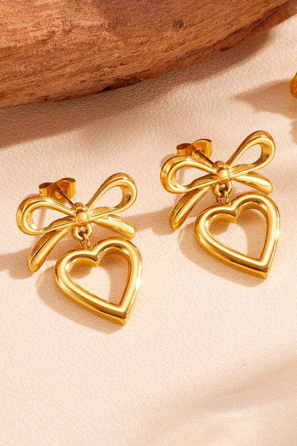 Gold Plated Hollowed Heart Bow Studded Earrings
