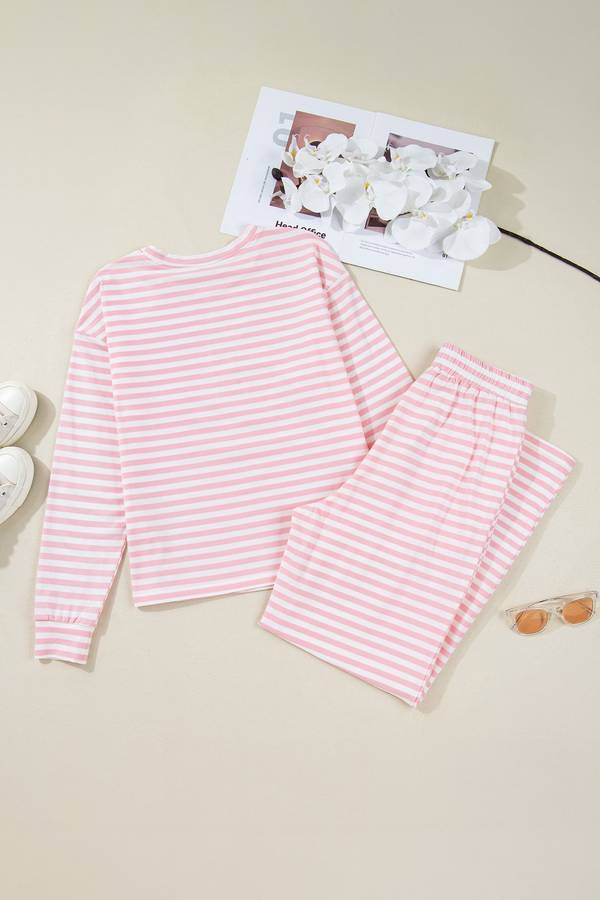 Pink Stripe Drop Shoulder Round Neck Top and Buttoned Straight Pants Two Piece Set