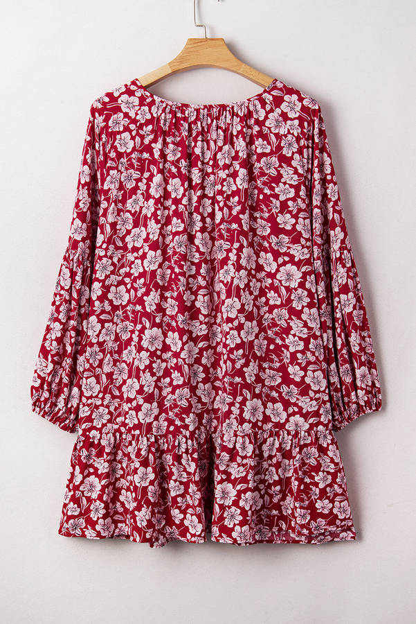Purple Plus Floral Balloon Sleeve V Neck Relaxed Dress