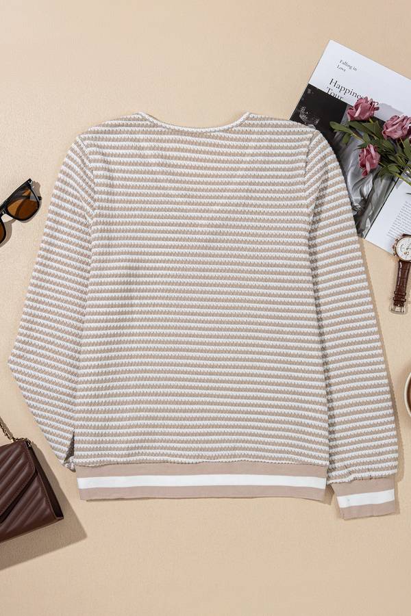 Beige Striped Textured Knit V Neck Casual Top