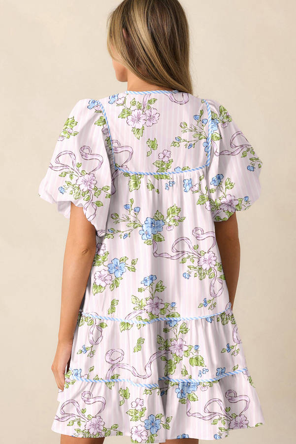 Pink Floral Striped Print Contrast Trim Tie Split Neck Mini Dress