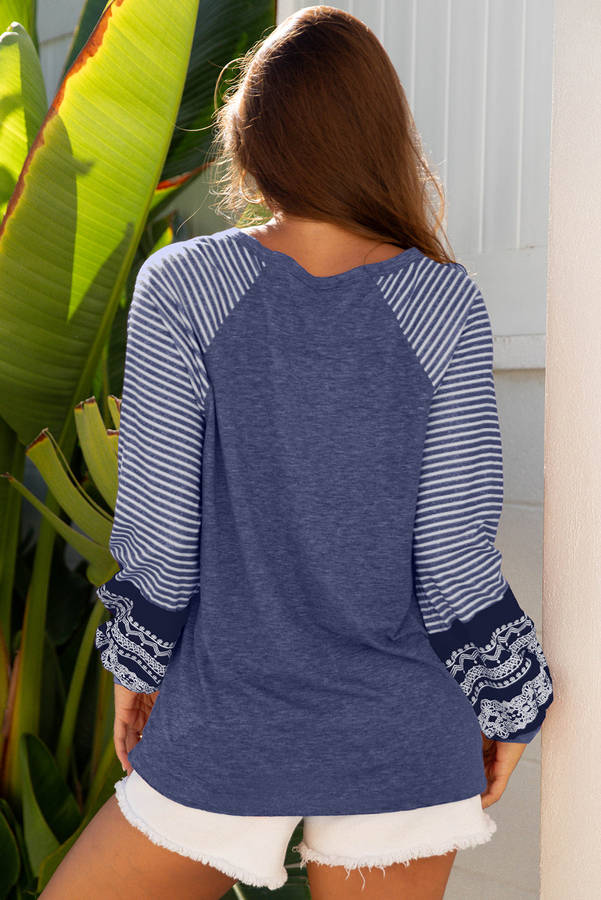 Navy Blue Contrast Print Striped Raglan Long Sleeve Loose Top