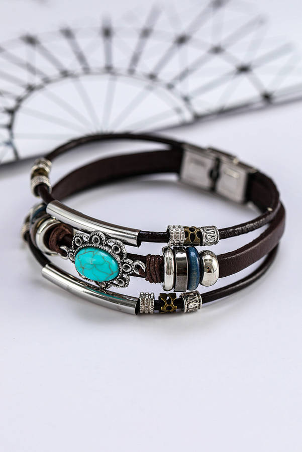 Brown Turquoise Faux Leather Multi-layered Bracelet