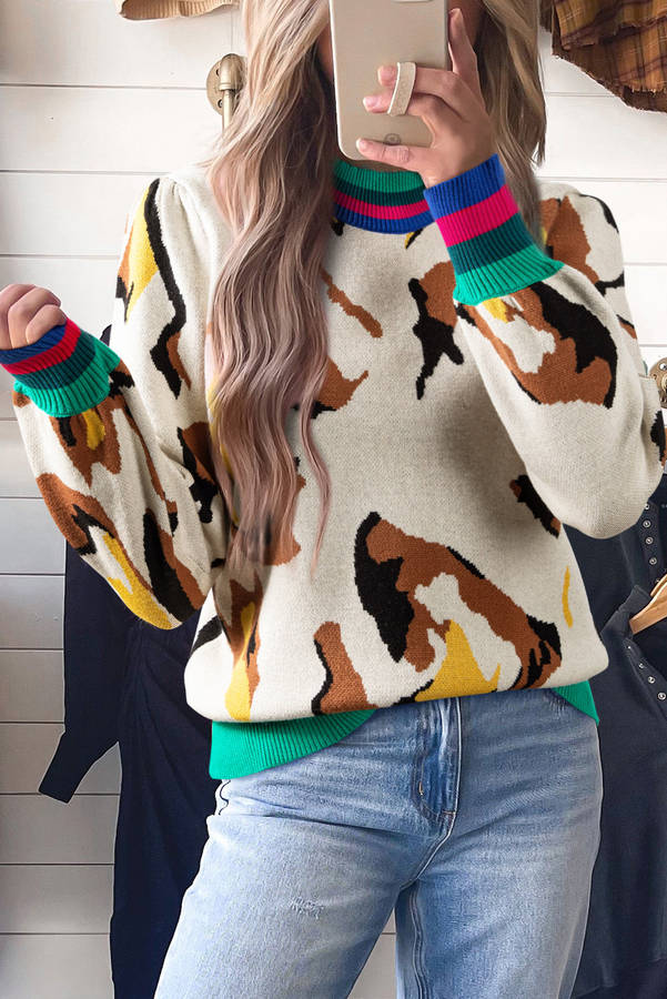 Apricot Contrast Ribbed Stripes Detail Animal Pattern Knit Sweater