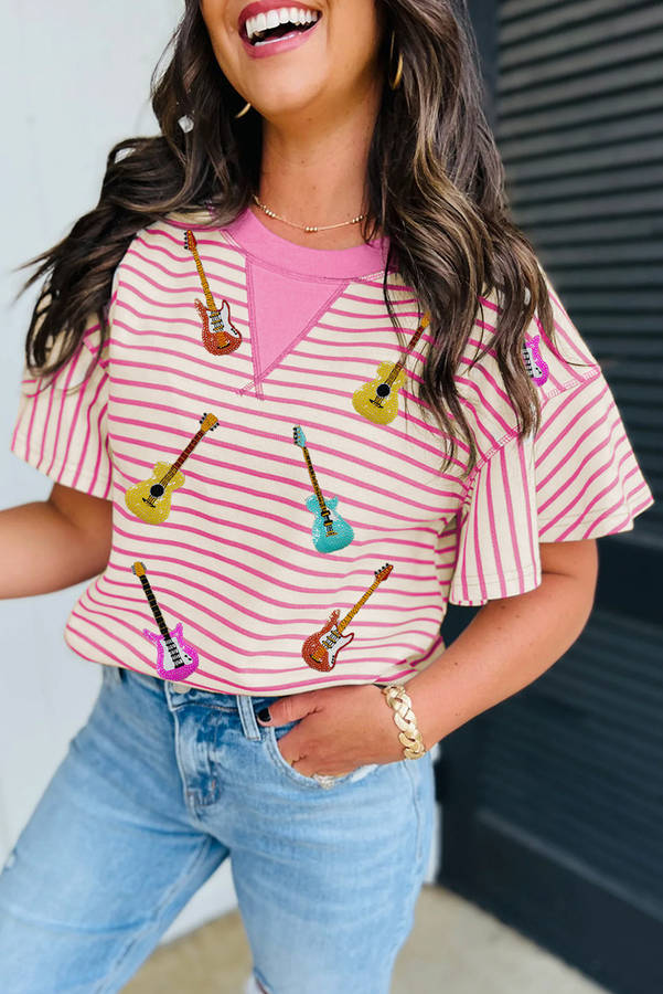 Sachet Pink Striped Guitar Patched Ruffle Short Sleeve Crossed Seam Blouse