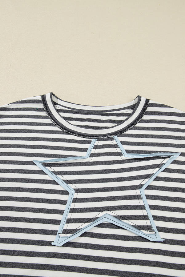 Gray Stripe Contrast Star Stitched Plus Size Long Sleeve Top
