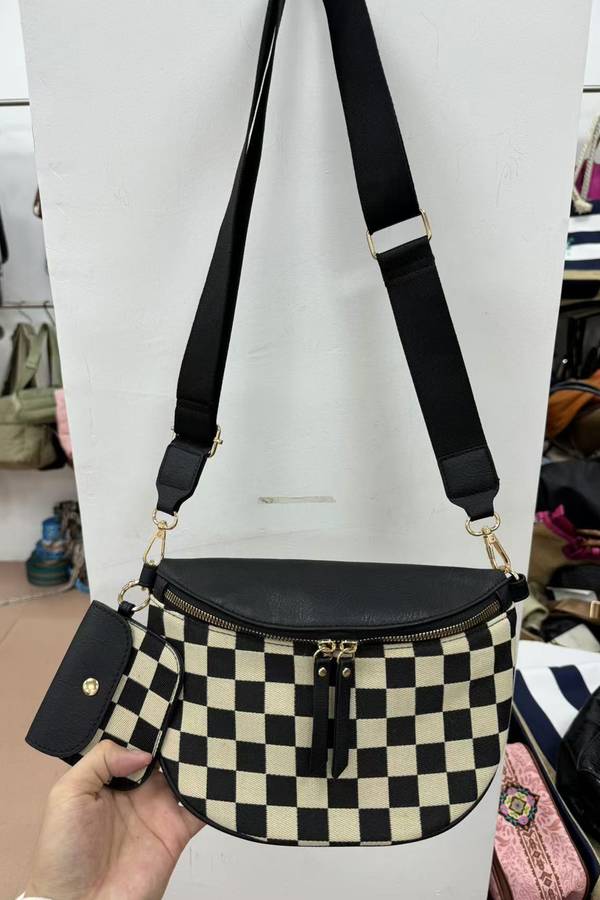 Black PU Leather Checkered Knit Patchwork Wallet Attached Shoulder Bag
