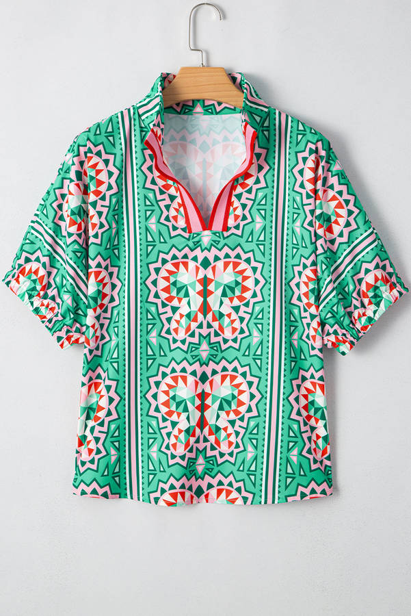 Sea Green Boho Abstract Print Contrast Striped Collared V Neck Blouse