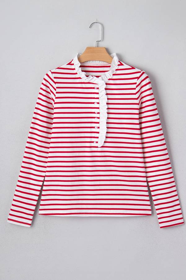 Red Stripe Contrast Frilled Trim Half Button Long Sleeve Top