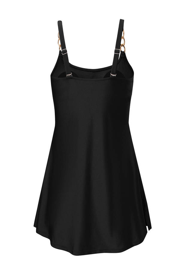 Black Grommet Shoulder Strap Pleated Swim Dress