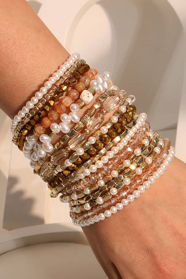 Gold 17pcs Baroque Style Pearl Crystal Beads Multi Layer Bracelet Set