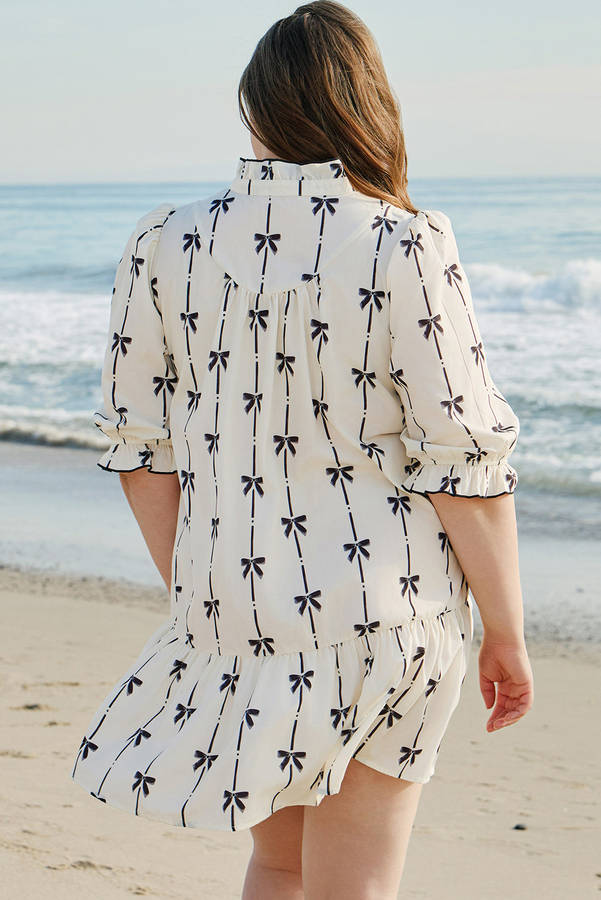 Apricot Bow Printed Puff Sleeve Ruffled Plus Size Mini Dress