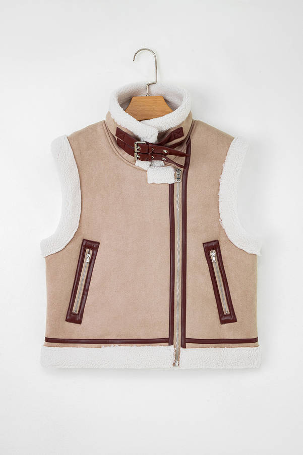 Dark Khaki Sherpa Lined Faux Suede Lapel Collar Vest