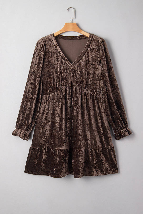 Coffee Plus Size Velvet Babydoll Mini Dress with Puff Sleeve