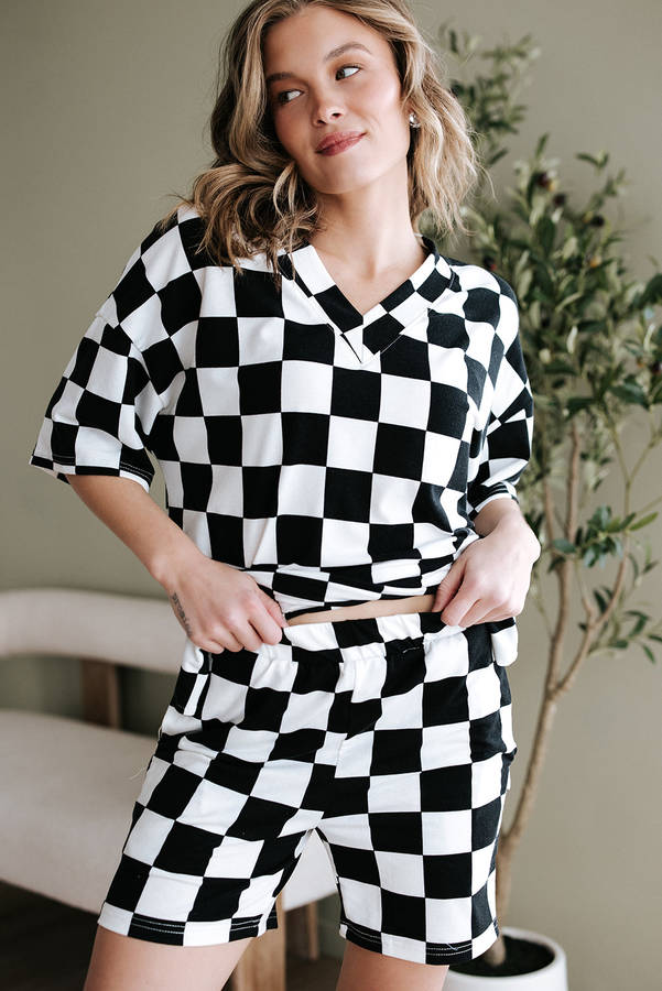 Black Checkerboard Print V Neck Loose Tee and Shorts Lounge Set