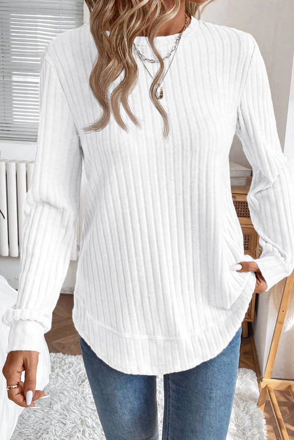 White Ribbed Texture Round Neck Long Sleeve Rounded Hem Knit Top