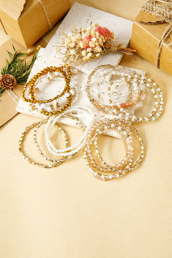 Gold 17pcs Baroque Style Pearl Crystal Beads Multi Layer Bracelet Set