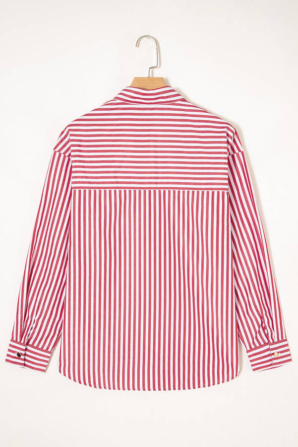 Red Stripe Patched Pocket Side Slit Loose Shirt