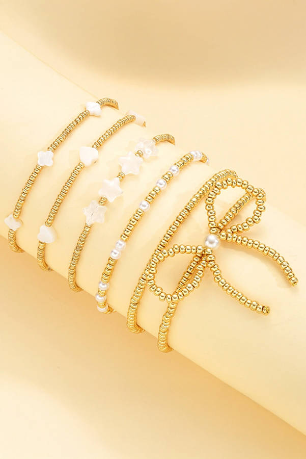 Gold Bow Knot Star Heart Beaded Multi Layer Bracelet