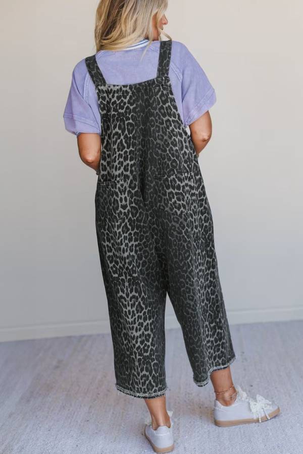 Gray Leopard Print Button Adjustable Straps Cropped Loose Denim Overalls