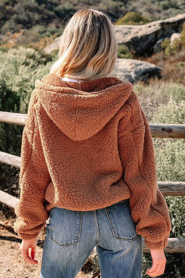 Straw Yellow Zip Up Hooded Sherpa Jacket