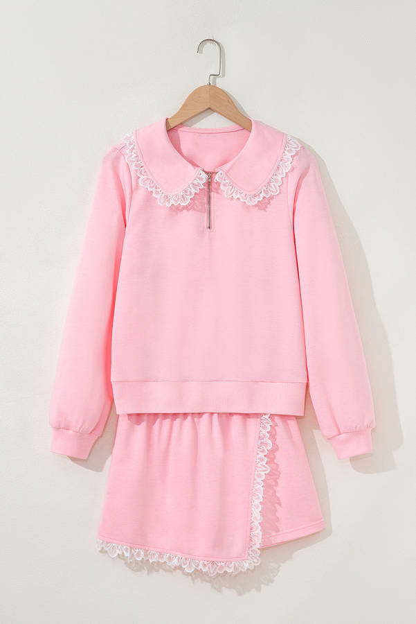 Pink Peter Pan Lace Embellished Neck Collision Sweatshirt and Skirt Two Piece Set